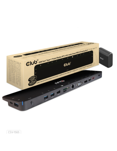CLUB3D USB Gen1 Type-C Triple Display DP1.4 Alt mode Smart PD3.0 Charging Dock with 100 Watt Power Supply