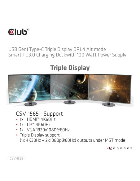 CLUB3D USB Gen1 Type-C Triple Display DP1.4 Alt mode Smart PD3.0 Charging Dock with 100 Watt Power Supply