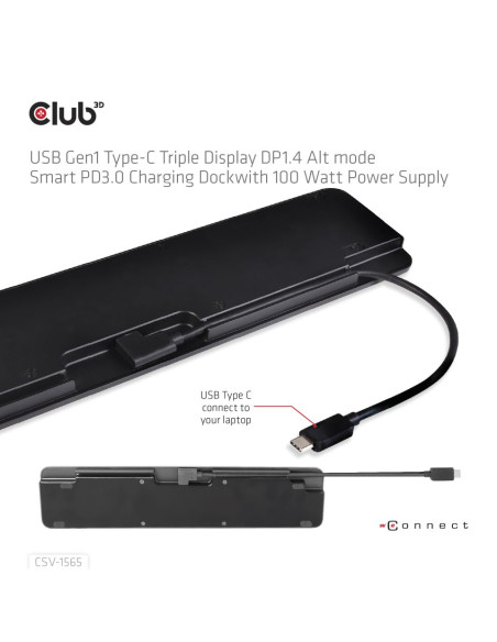 CLUB3D USB Gen1 Type-C Triple Display DP1.4 Alt mode Smart PD3.0 Charging Dock with 100 Watt Power Supply