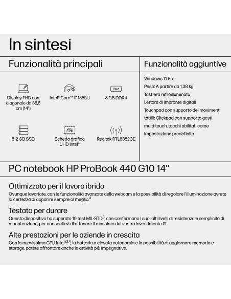 HP ProBook 440 G10 Intel® Core™ i7 i7-1355U Computer portatile 35,6 cm (14") Full HD 8 GB DDR4-SDRAM 512 GB SSD Wi-Fi 6E (802