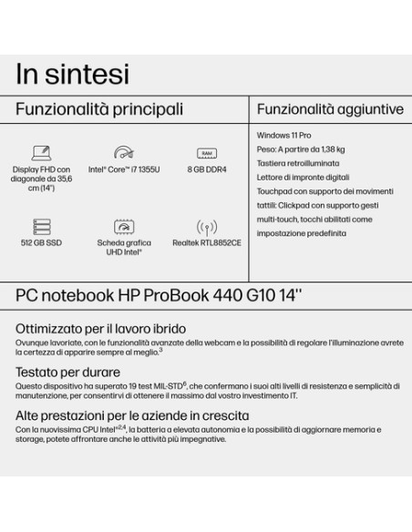 HP ProBook 440 G10 Intel® Core™ i7 i7-1355U Computer portatile 35,6 cm (14") Full HD 8 GB DDR4-SDRAM 512 GB SSD Wi-Fi 6E (802