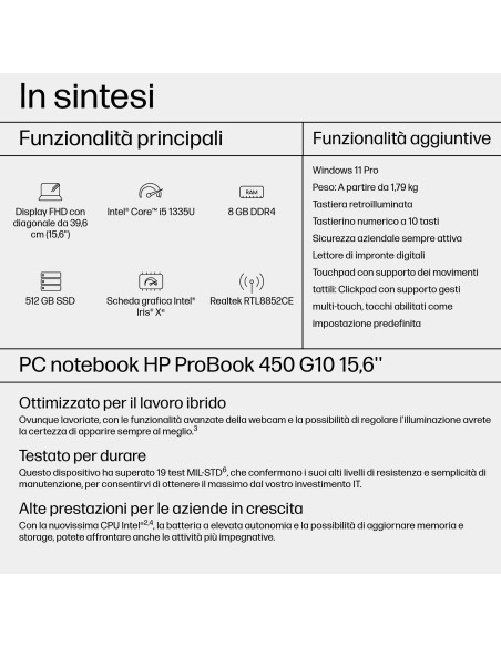 HP ProBook 450 G10 Intel® Core™ i5 i5-1334U Computer portatile 39,6 cm (15.6") Full HD 8 GB DDR4-SDRAM 512 GB SSD Wi-Fi 6E (8