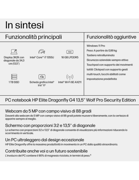 HP Dragonfly 13.5 G4 Intel® Core™ i7 i7-1355U Computer portatile 34,3 cm (13.5") 3K2K 16 GB LPDDR5-SDRAM 1 TB SSD Wi-Fi 6E (8