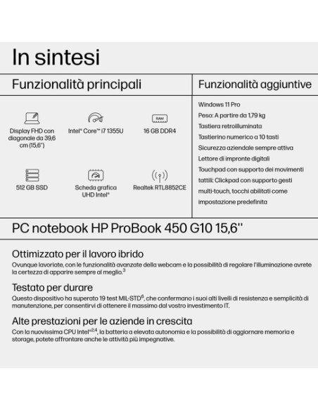 HP ProBook 450 G10 Intel® Core™ i7 i7-1355U Computer portatile 39,6 cm (15.6") Full HD 16 GB DDR4-SDRAM 512 GB SSD Wi-Fi 6E (