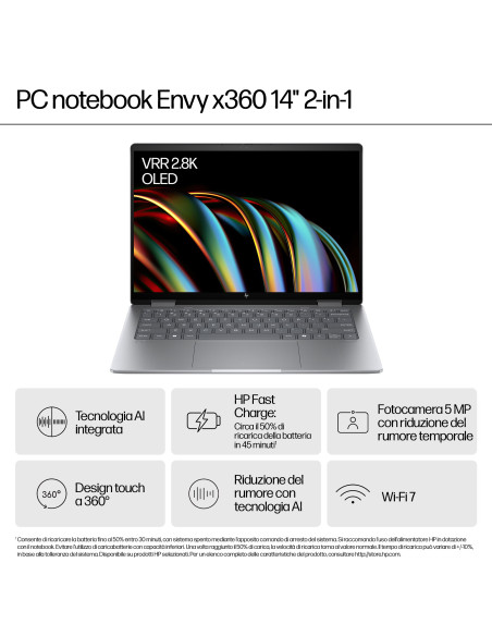 HP ENVY x360 14-fc0000nl Intel Core Ultra 7 155U Ibrido (2 in 1) 35,6 cm (14") Touch screen 3K 16 GB LPDDR5-SDRAM 1 TB SSD Wi-Fi