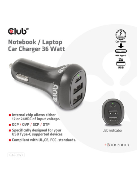 CLUB3D CAC-1921 Caricabatterie per dispositivi mobili Computer portatile Nero Accendisigari Auto