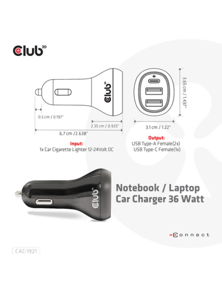 CLUB3D USB KFZ-Ladegerät 1xUSB C 2xUSB A 36W 12/24V retail