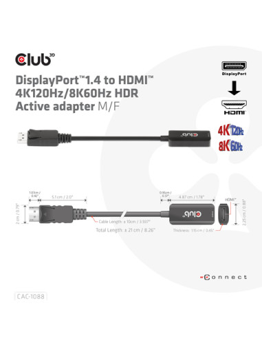 CLUB3D CAC-1088 cavo e adattatore video 0,21 m DisplayPort HDMI Nero