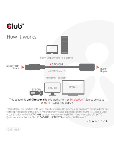 CLUB3D CAC-1088 cavo e adattatore video 0,21 m DisplayPort HDMI Nero