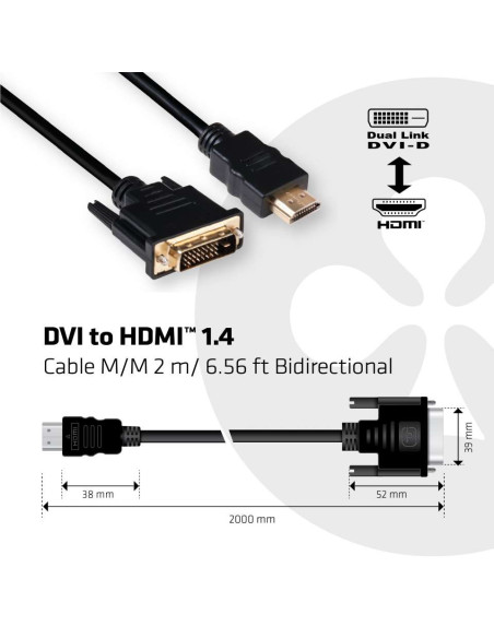 CLUB3D DVI to HDMI 1.4 Cable M/M 2m/ 6.56ft Bidirectional