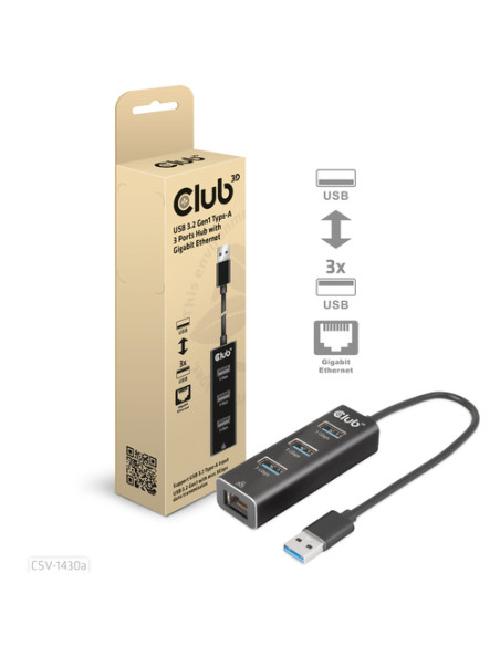 CLUB3D USB 3.2 Gen1 Type-A, 3 Ports Hub with Gigabit Ethernet