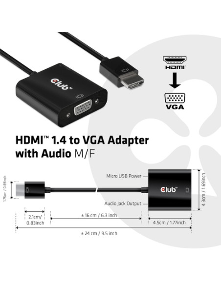 CLUB3D CAC-1302 cavo e adattatore video 0,5 m HDMI tipo A (Standard) VGA (D-Sub) Nero