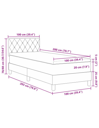 Letto a molle con materasso Grigio chiaro 100 x 200 cm Velluto