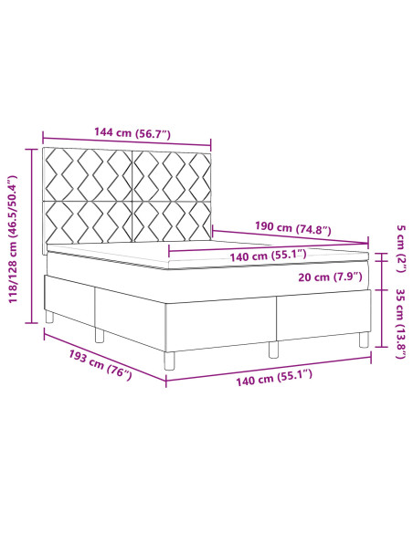 Letto Box Spring con Materasso Grigio Chiaro 140x190 cm in Tessuto