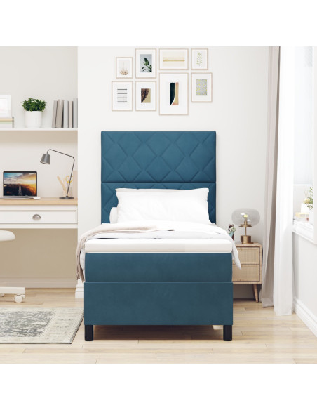 Letto da Box Spring con Materasso Blu Scuro Singolo in Velluto
