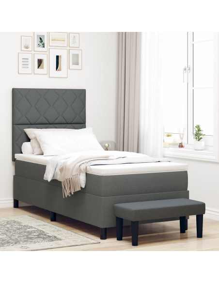Letto con Box Spring e Materasso & Panca Grigio Scuro 90x200 cm in Tessuto