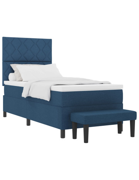 Letto box spring e materasso e panca blu 90x200 cm in tessuto
