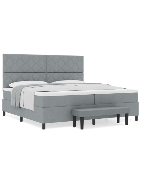 Letto a Molle  con Materasso e Panchetta Grigio Chiaro 200x200 cm Tessuto