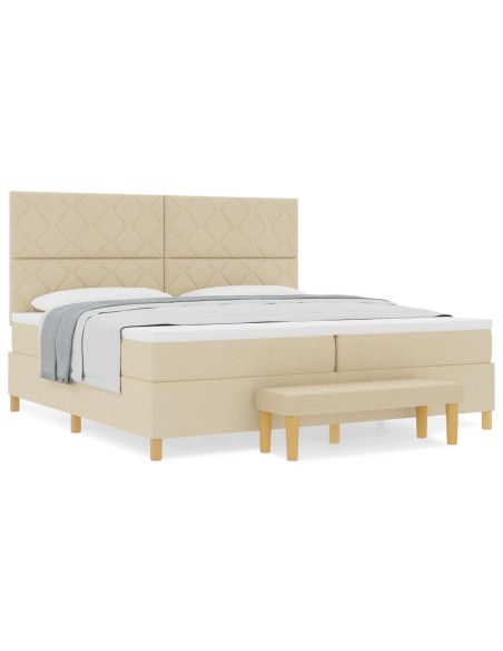 Letto Box Spring  con Materasso e Panchina Panna 200x200 cm Tessuto