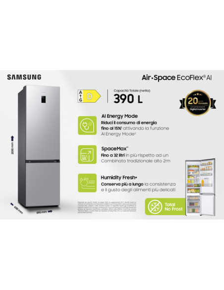 Samsung Frigorifero Combinato EcoFlex AI 2m 390L RB38C774DSA