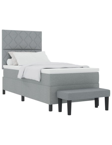 Letto Box Spring con Materasso e Panchina Grigio Chiaro 90x190 cm in Tessuto