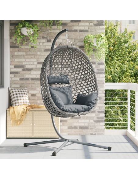 Sedia a Uovo Appesa con Struttura Grigia in Polyrattan
