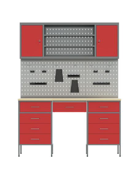 Set di Armadietti e Pannello Attrezzi  7 Pezzi Rosso MDF e Metallo