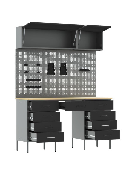 Set da 8 pezzi per armadietto da lavoro e pannello forato nero in MDF e metallo