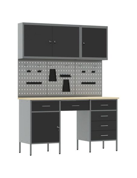 Set da lavoro con armadio e pegboard 8 pezzi nero in MDF e metallo