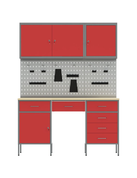 Set di Armadietti e Pannello con Aghi 8 Pezzi  Rosso MDF e Metallo
