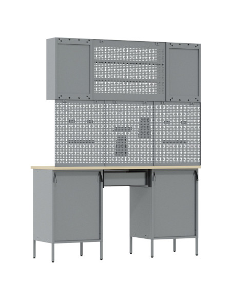 Set di 7 Pezzi di Armadietto da Lavoro e Pannello Forato Nero in MDF e Metallo