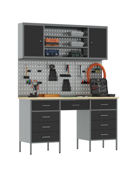 Set di 7 Pezzi di Armadietto da Lavoro e Pannello Forato Nero in MDF e Metallo
