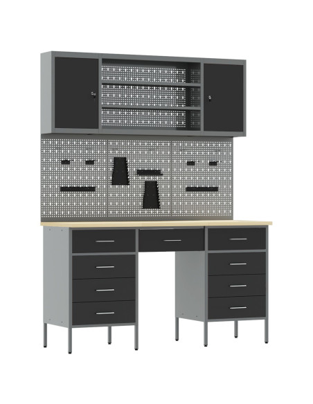 Set di 7 Pezzi di Armadietto da Lavoro e Pannello Forato Nero in MDF e Metallo