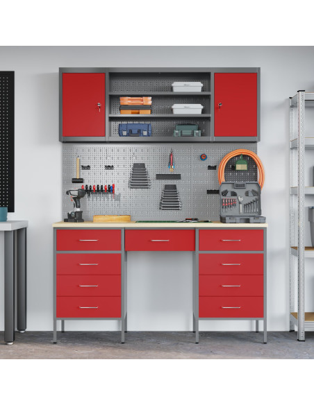 Set di Armadietti e Pannello Attrezzi  7 Pezzi Rosso MDF e Metallo