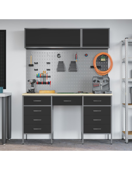 Set da 8 pezzi per armadietto da lavoro e pannello forato nero in MDF e metallo