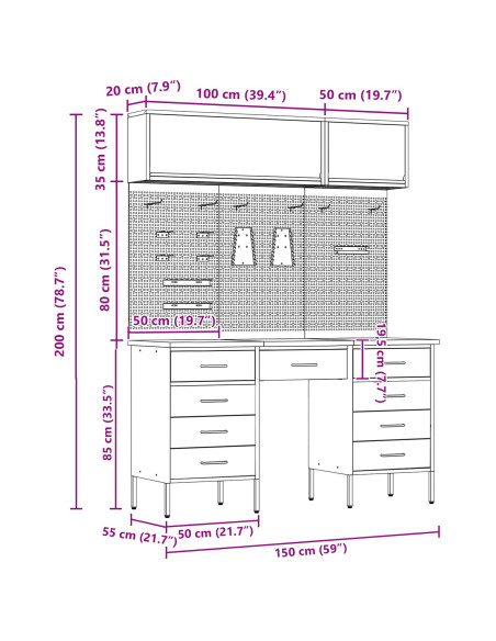 Set di mobili da lavoro con cassetto con blocco 8 pcs Rosso