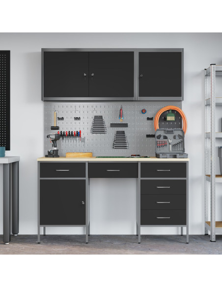 Set da lavoro con armadio e pegboard 8 pezzi nero in MDF e metallo