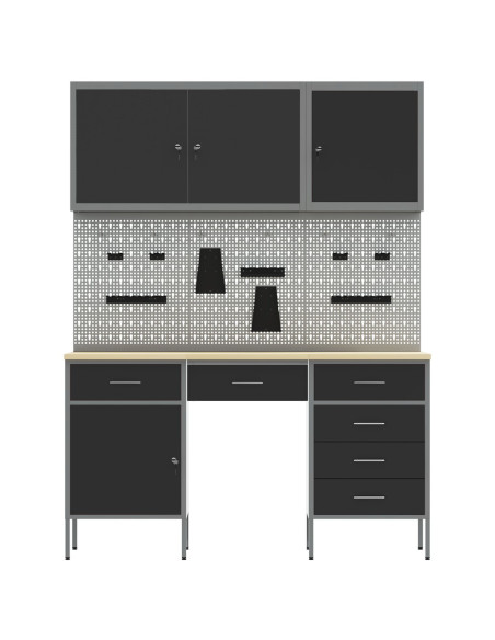 Set da lavoro con armadio e pegboard 8 pezzi nero in MDF e metallo