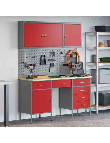 Set di Armadietti e Pannello con Aghi 8 Pezzi  Rosso MDF e Metallo