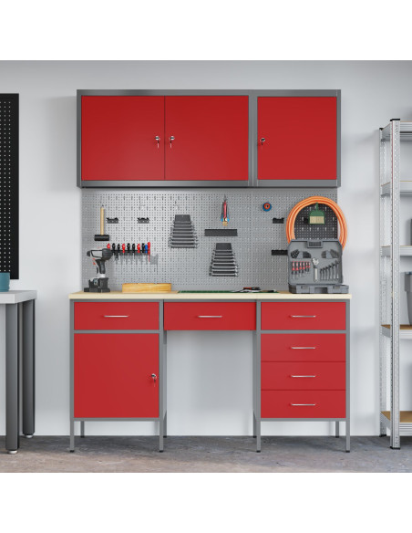 Set di Armadietti e Pannello con Aghi 8 Pezzi  Rosso MDF e Metallo