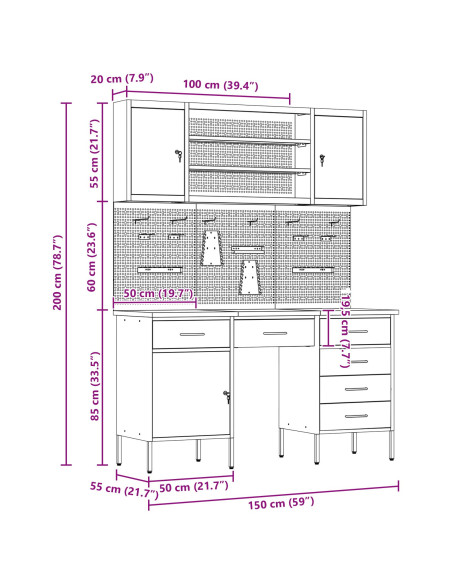 Set da lavoro con armadietto e pegboard da 7 pezzi rosso in MDF e metallo