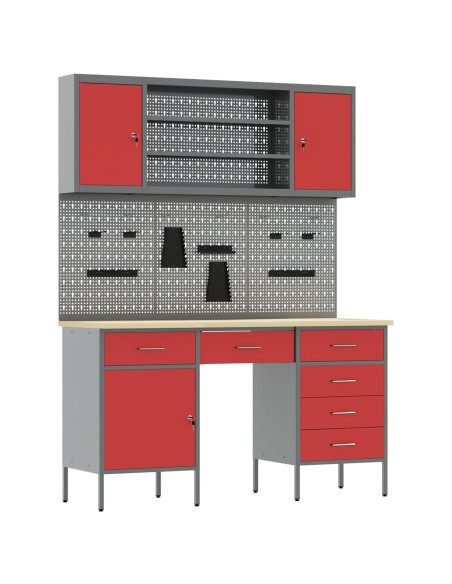 Set da lavoro con armadietto e pegboard da 7 pezzi rosso in MDF e metallo