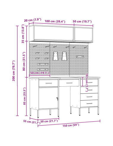 Set di mobili da lavoro con cassetto con blocco 8 pcs Nero