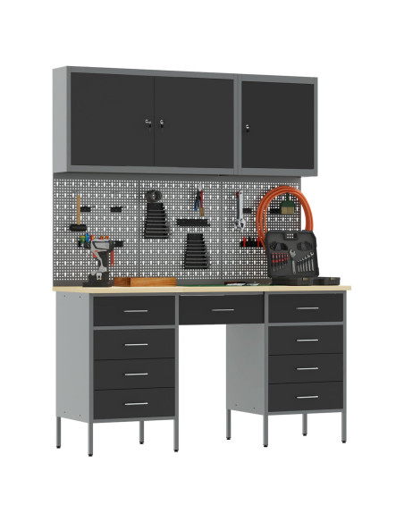 Set Armadio e Pegboard da 8 Pezzi Nero in MDF e Metallo