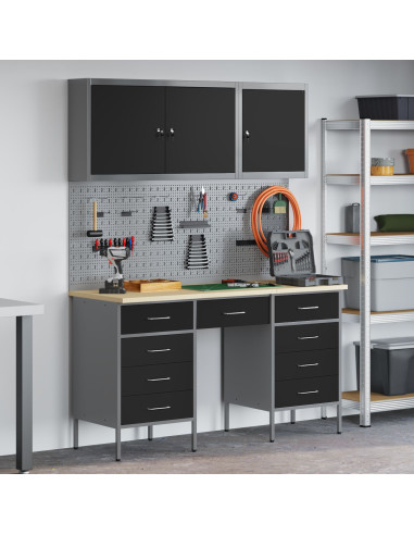 Mobile da lavoro 8 pcs Nero Legno ingegnerizzato e acciaio