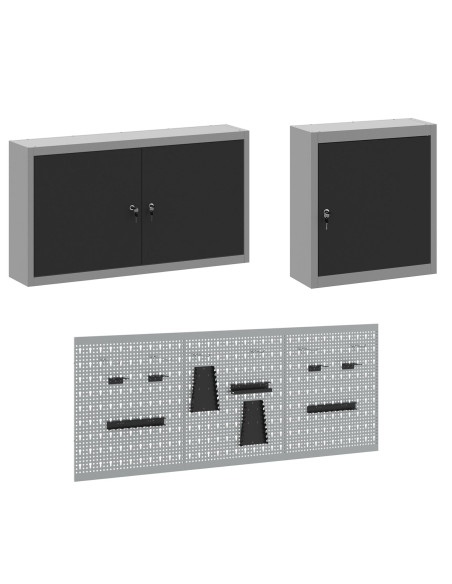 Set Armadio e Pegboard da 8 Pezzi Nero in MDF e Metallo