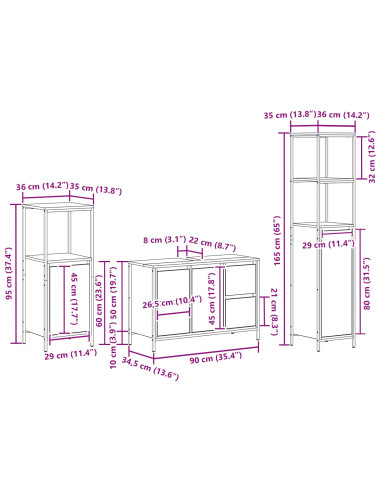 Set di mobili per il bagno con porta 3 pcs Rovere Sonoma e Nero
