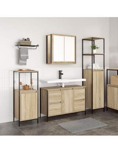 Set di mobili per il bagno con porta 3 pcs Rovere Sonoma e Nero