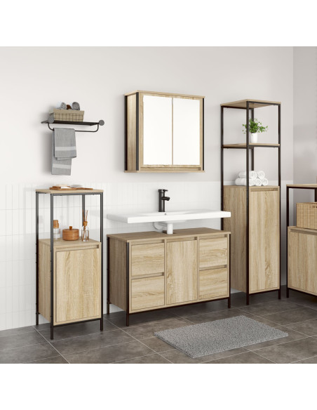 Set di mobili per il bagno con porta 3 pcs Rovere Sonoma e Nero