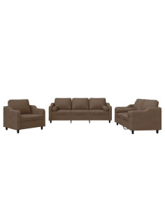 Set di Divani 3 pz con Cuscini Marrone in Tessuto